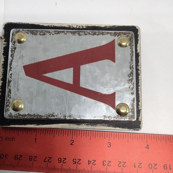 Initial Letter A Christmas Ornament Rustic Primitive Metal Wood Red Silver - Picture 2 of 4